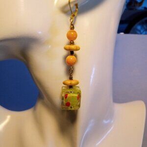 70s Style Yellow Earrings w/ Glass Square Bead